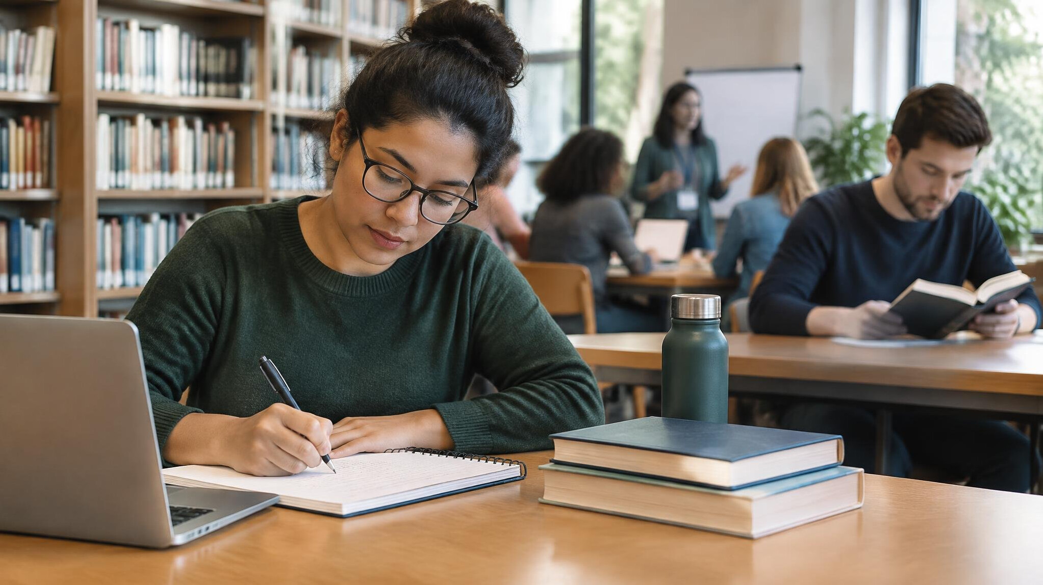 adult student taking notes in library