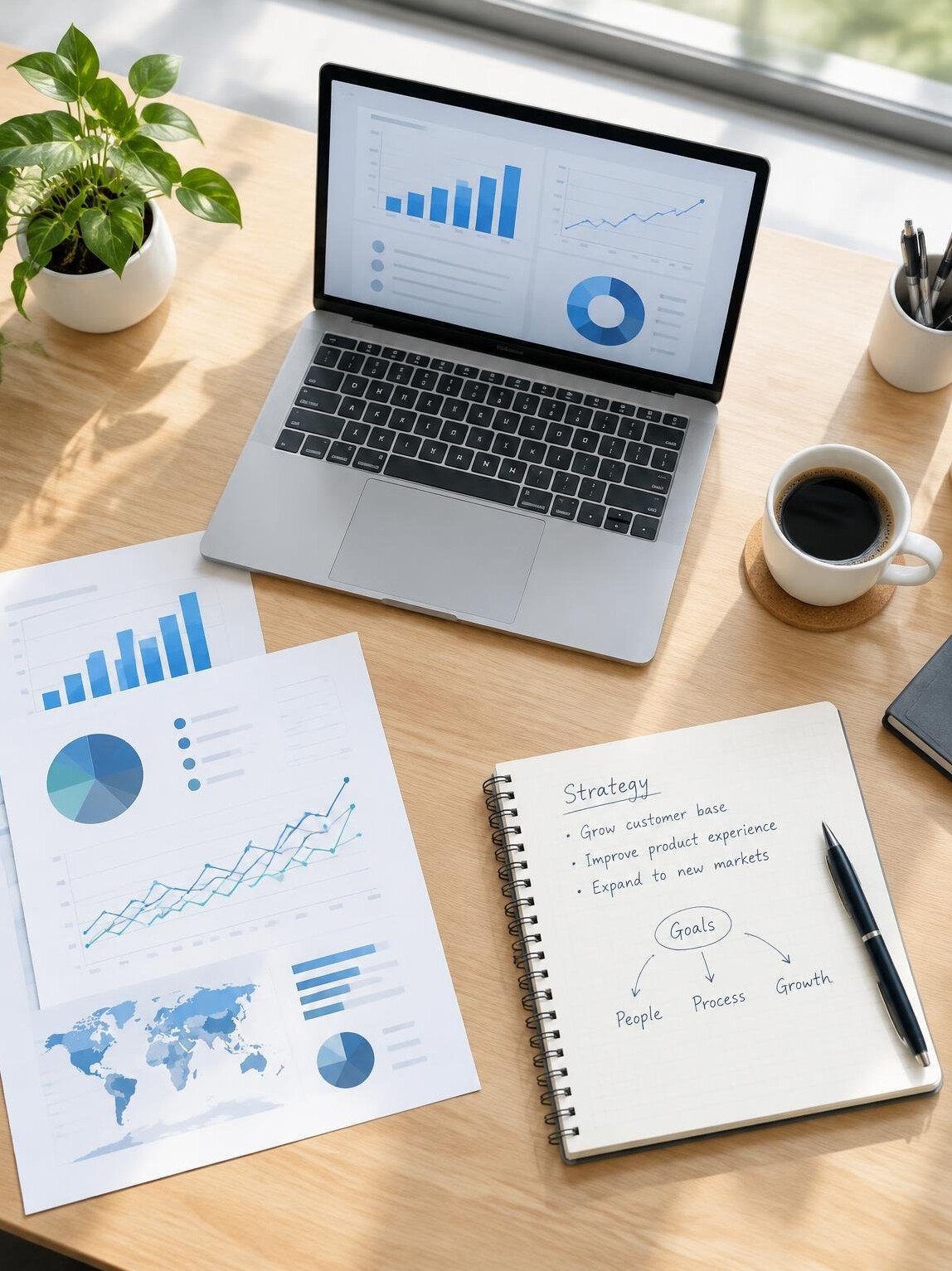 Desk with laptop, printed charts and notes for strategic planning