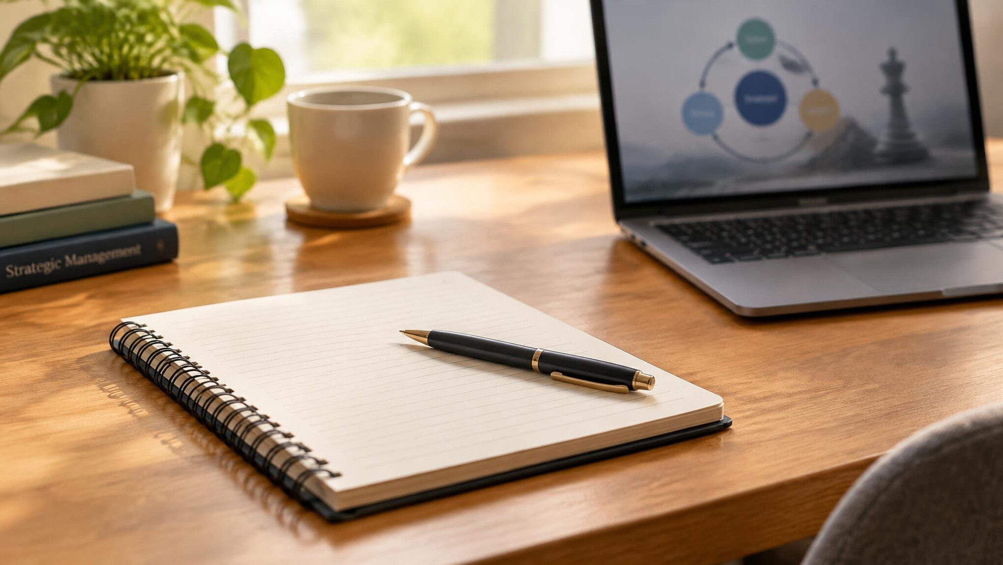 Notebook with pen on a desk for writing strategy notes